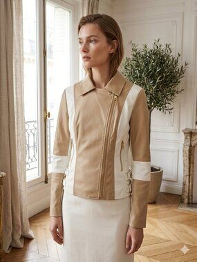 Steve Madden Women’s Beige & White Faux Leather Moto Jacket Size Small